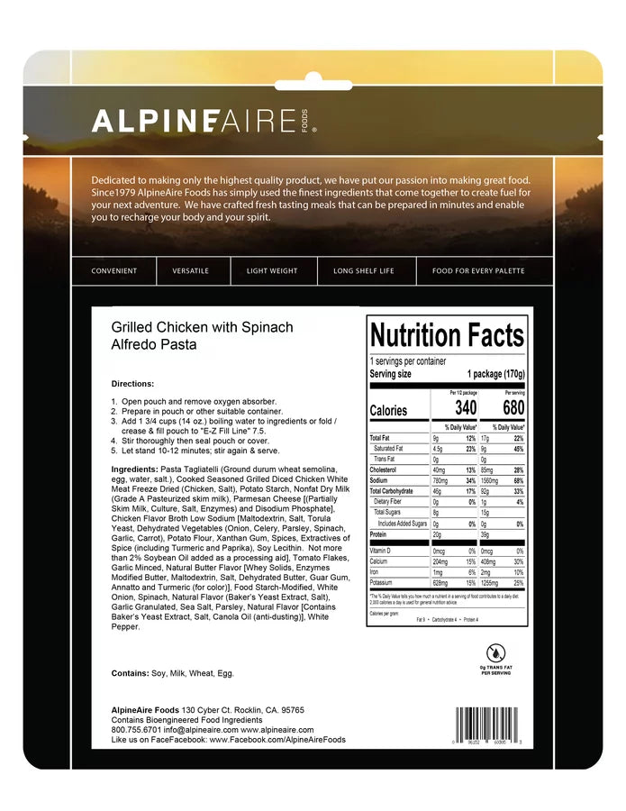 Alpine Aire Grilled Chicken with Spinach Alfredo Pasta