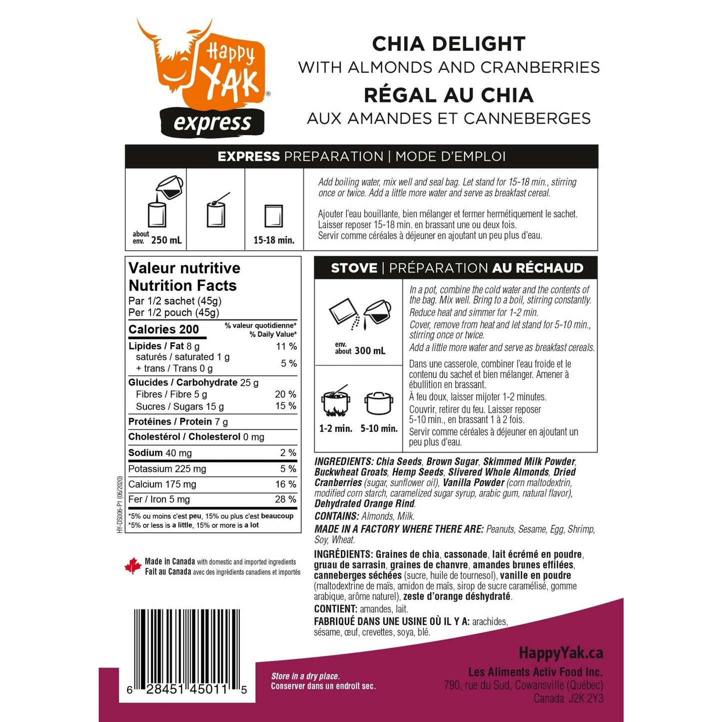 Happy Yak Chia Delight with Almonds and Cranberries