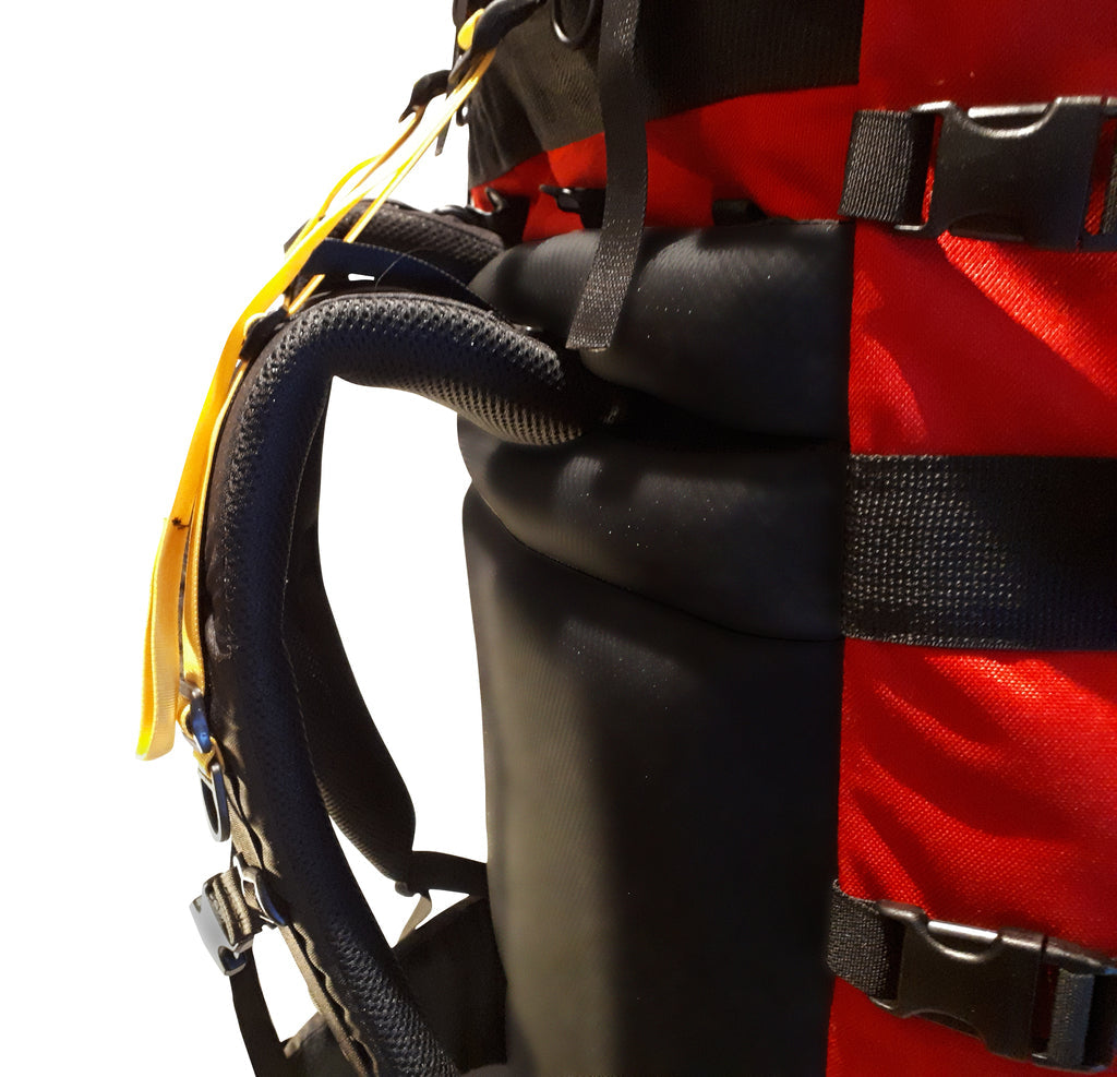 Red Ostrom Winisk Canoe Pack, Portage Pack shoulder strap close up view, Canada, image.