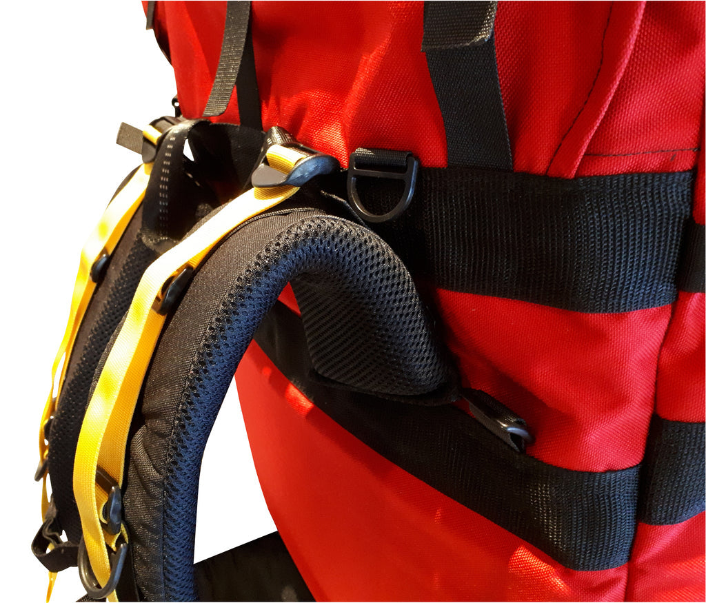 Red Ostrom Quetico Canoe Pack, Portage Pack shoulder strap close-up view, Canada, image