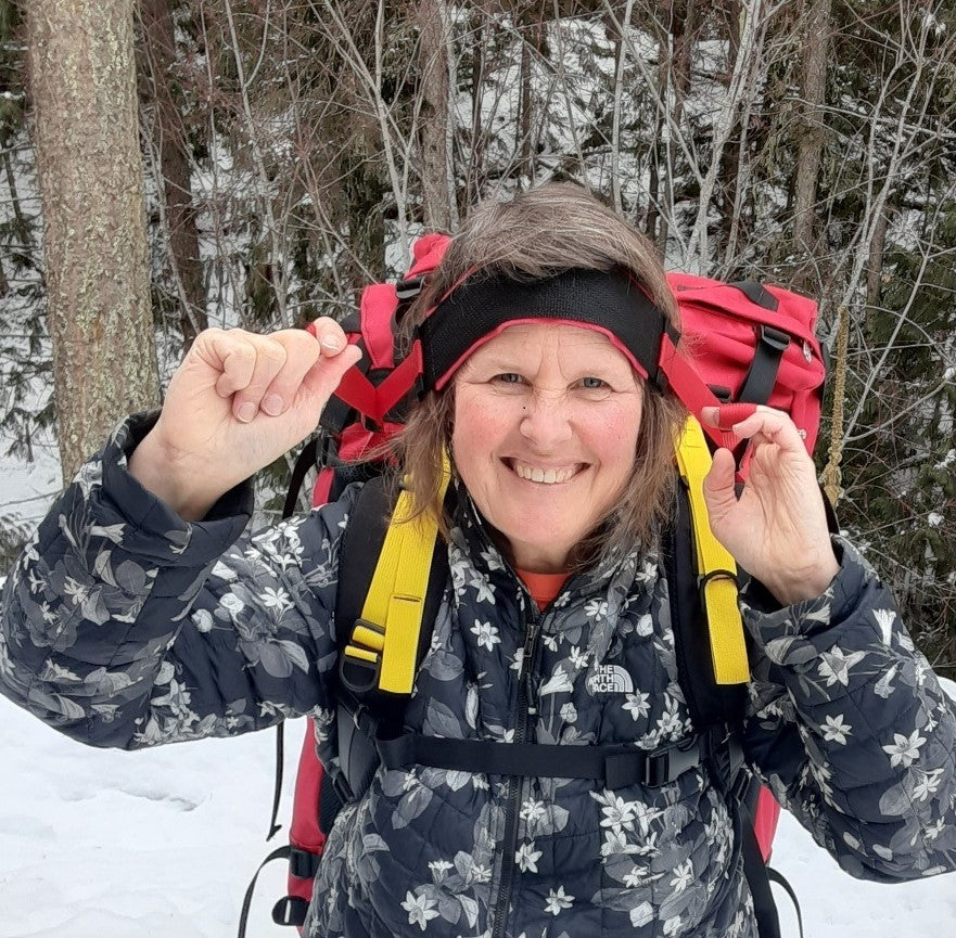 Ostrom tumpline for canoe pack, portage pack and canoe barrel harness, front view, Canada, image.